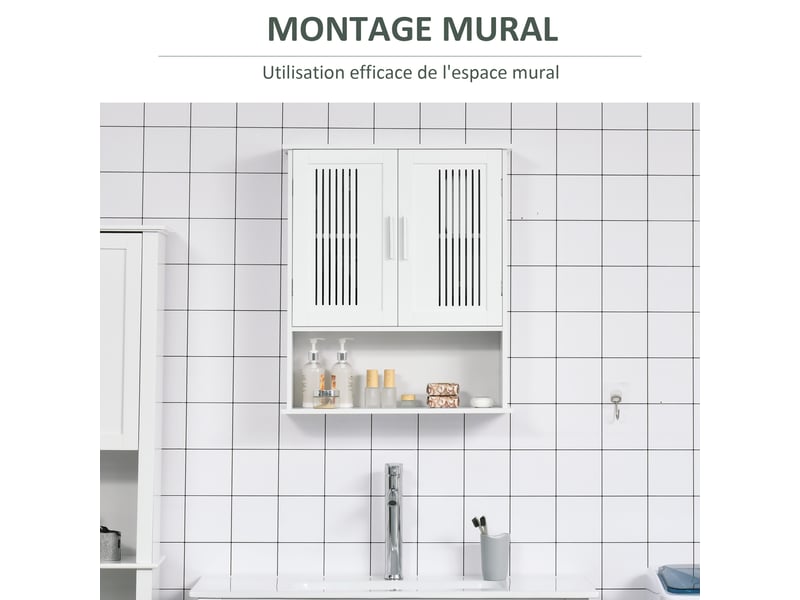  Armoire murale de salle de bain 2 portes étagère réglable mdf blanc 60 x 20 x 70 cm  - Conforama D