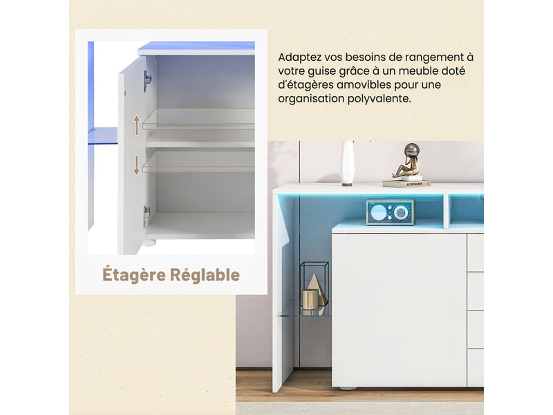  Buffet blanc laqué avec led 160 cm meuble tv 4 tiroirs et 2 portes  - Conforama R