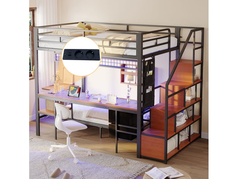  Lit superposé enfant en métal et mdf noir avec bureau, led, prises et rangements 140 x 200 90 x 200 cm  - Conforama B