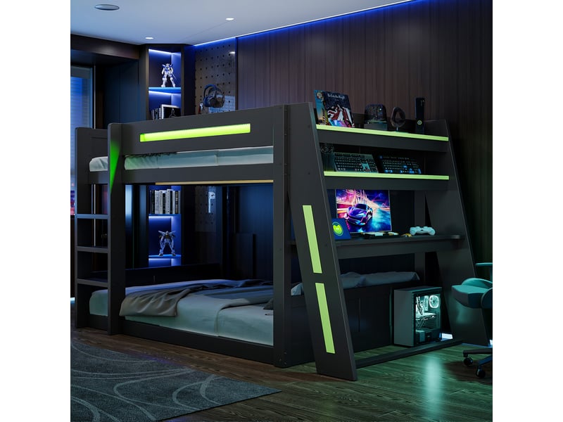  Lit mezzanine gaming 140x200 cm avec bureau, 2 étagères, led, port usb et garde-corps, pin et mdf, noir et vert  - Conforama D