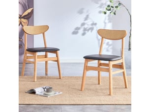 Lot de 2 chaises de salle à manger, dossier arrondi en rotin naturel et avec assise rembourrée en similicuir, bois naturel