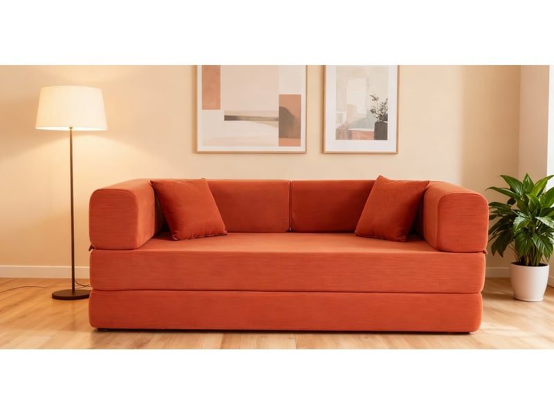 Canapé-lit convertible en velours côtelé - canapé de sol pliable avec oreillers cylindriques, style futon pour salon et chambre, orange - Conforama C