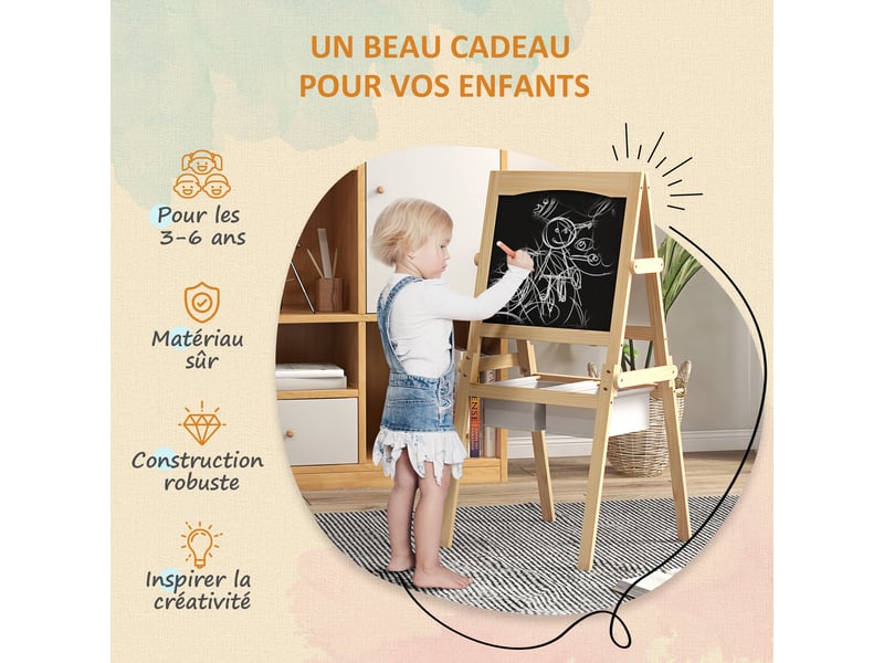  Tableau chevalet enfant ardoise double face tableau blanc tableau à craie rouleau papier naturel 58 x 50,5 x 109 cm  - Conforama R
