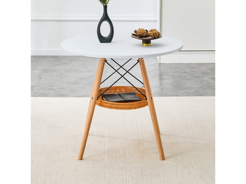  Table à manger ronde 2 à 4 places avec panier de rangement - lpospi - pieds en bois massif, mdf blanc et bois, ø 80 cm  - Conforama B