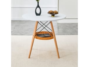 Table à manger ronde 2 à 4 places avec panier de rangement - pieds en bois massif, mdf blanc et bois, ø 80 cm