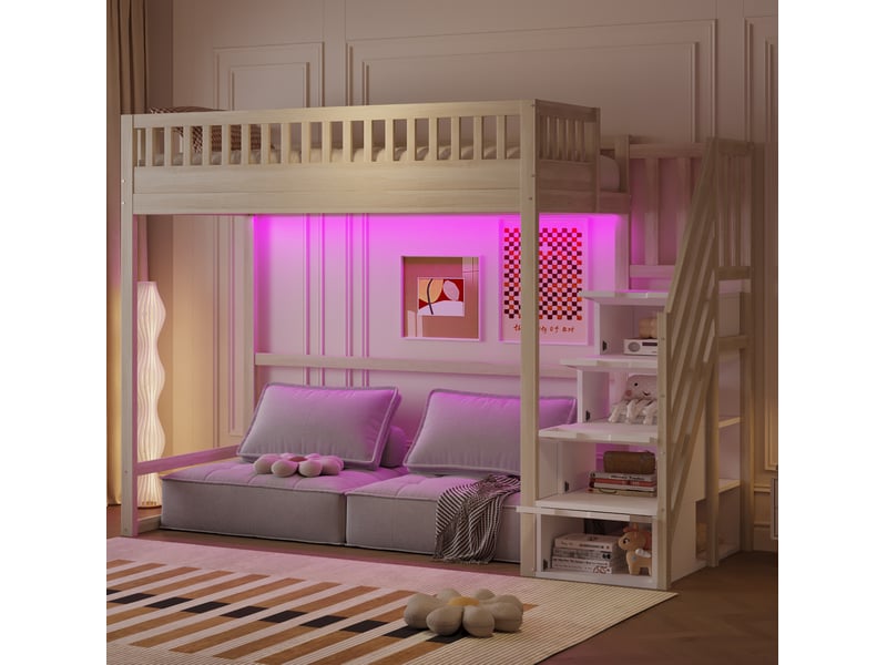  Elvmi lit mezzanine en bois naturel 90 x 200 cm avec échelle réversible, rangements intégrés, led et garde-corps  - Conforama E