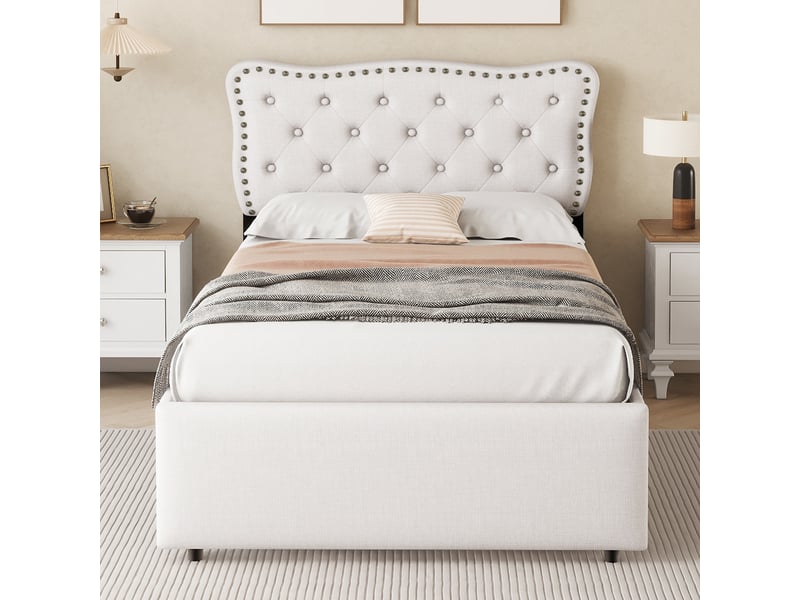  Lit rembourré beige clair 90x200 cm avec détails cloutés et 2 tiroirs de rangement  - Conforama B