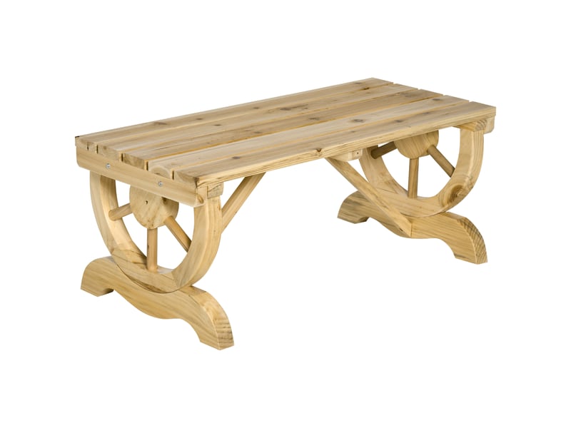  Banc de jardin 2 places avec structure à lattes et pieds en forme de roue de chariot, en bois, 98 x 50 x 39,5 cm, couleur bois  - Conforama A