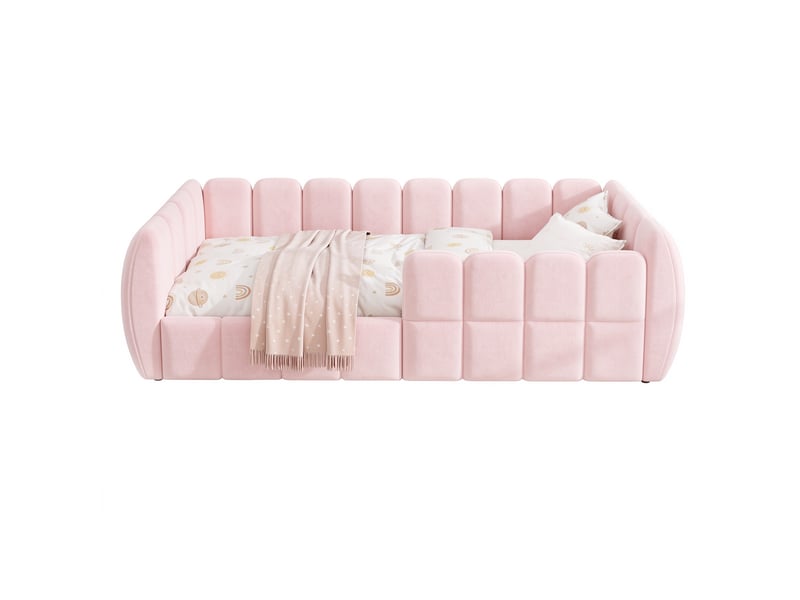  Lit au sol enfant 90x200 cm, lit rembourré, support à lattes stable, design moderne, construction robuste et durable, tissu rembourré rose OPULERANE TRADING LTD - Conforama A