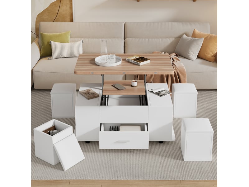 Table basse relevable 100x50 cm avec 4 tabourets, tiroir et roulettes blanc naturel - Conforama E