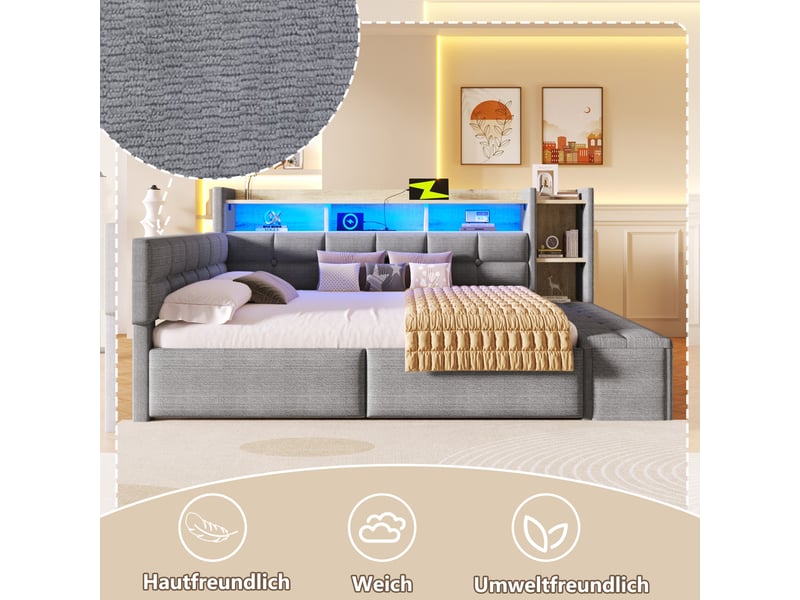 Lit de jour canapé-lit, 140 × 190 cm, gris foncé, velours, 2 tiroirs, banquette coffre, rangements, led, usb + type-c - Conforama E
