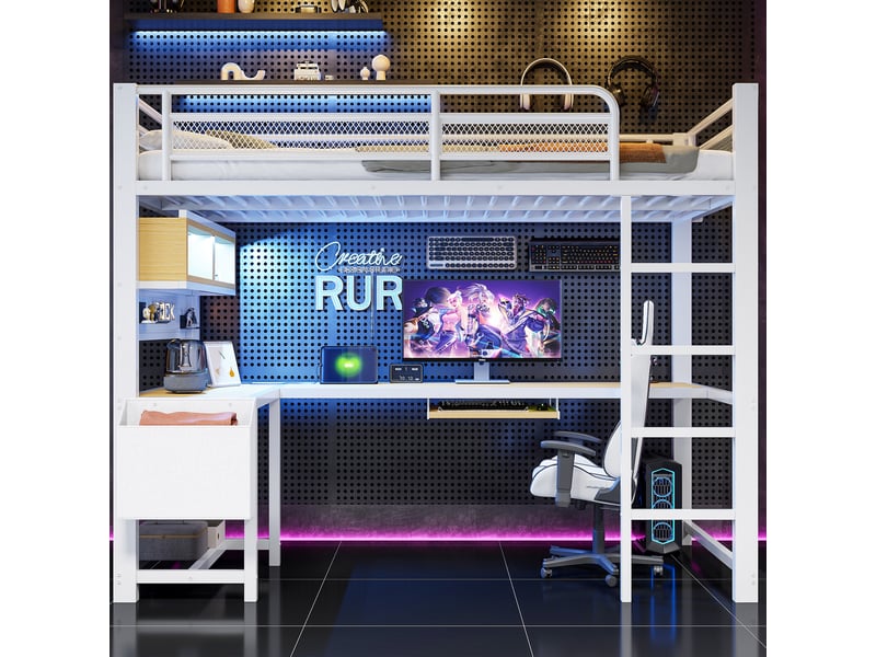  Lit mezzanine, 90x200 cm, bureau avec led et chargeur usb, solutions de rangement, métal et mdf et bois, coloris blanc  - Conforama D