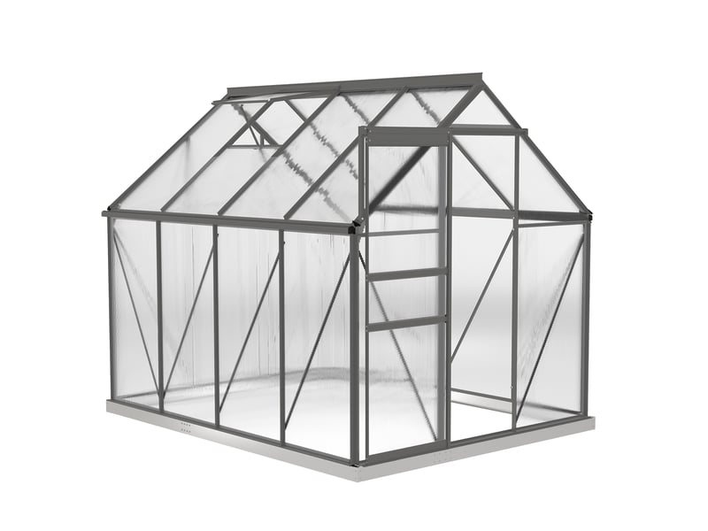  Serre de jardin polycarbonate alu 4,8 m² dim. 2,53l x 1,9l x 1,99h m lucarne réglable fondation porte coulissante gris  - Conforama A