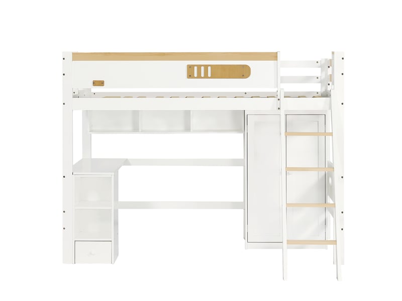  Lit superposé pour enfant, avec barrière de sécurité, table et armoire, étagères ouvertes, grand espace de rangement, échelle à quatre marches, pin + mdf + contreplaqué, blanc + naturel, 90 x 200 cm  - Conforama D