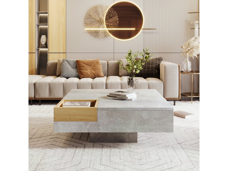  Table basse grise et bois avec boîte de rangement amovible, table de salon carrée 72x72x30 cm, aspect béton  - Conforama R