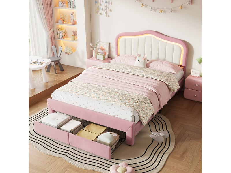  Lit enfant rembourré 140 x 200 cm, 2 tiroirs au pied, dossier blanc et éclairage led connecté, rose ABC - Conforama E