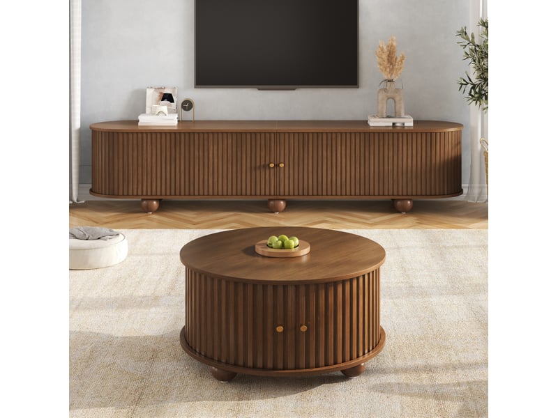  Ensemble table basse ronde et meuble tv incurvé 180 x 35 x 45 cm + 72 x 72 x 38 cm, portes coulissantes, mdf, noyer  - Conforama B