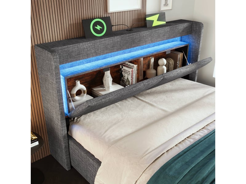  Lit coffre 180x200 cm, rangement hydraulique, tiroirs, tête de lit avec rangement, éclairage led, usb et usb-c pour chambre - gris  - Conforama D
