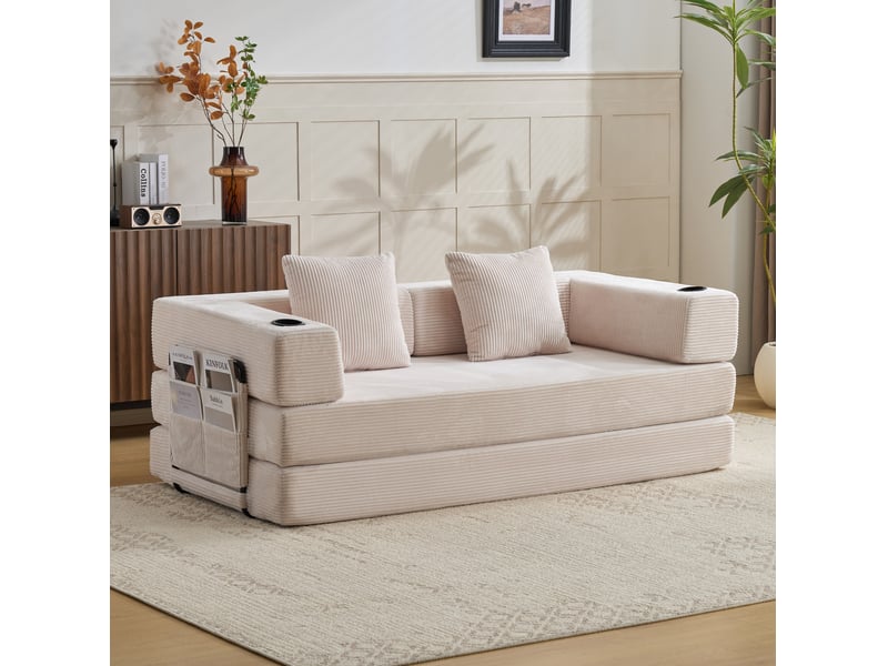  Canapé-lit de sol convertible 2 places avec accoudoirs pliables, porte-gobelet et poche latérale en velours côtelé blanc  - Conforama B