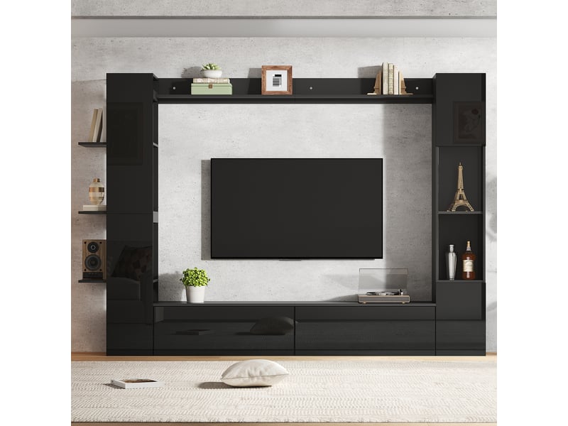  Ensemble meuble salon complet meuble tv mural noir 245 cm avec vitrine et rangements  - Conforama W