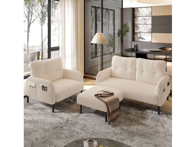  Canapé 2 places 120x75x79 cm en velours côtelé beige avec poche latérale  - Conforama D