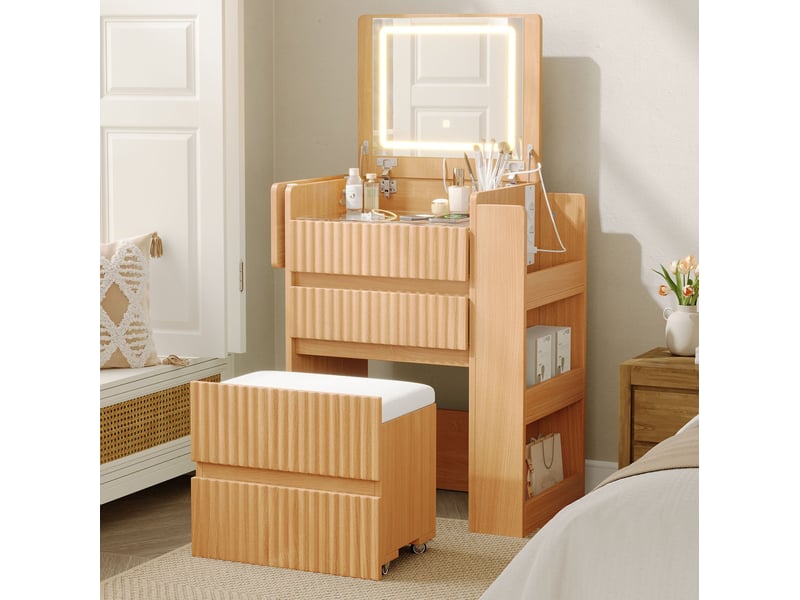 Coiffeuse naturelle avec miroir led rabattable, prises, 3 tiroirs et tabouret à roulettes 79 x 40 x 120 cm - Conforama C