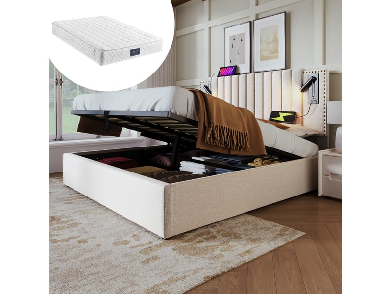  Lit coffre 140 x 200 cm beige avec matelas, liseuses et ports usbtype-c  - Conforama B