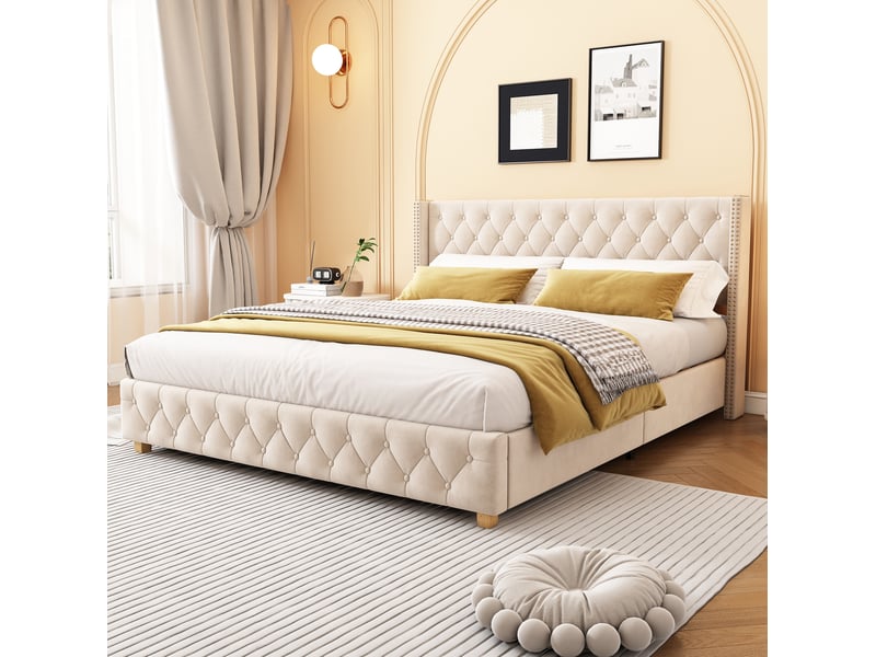 Modenvie lit capitonné 160x200 cm - velours, tête de lit capitonnée, sommier inclus - beige  - Conforama B