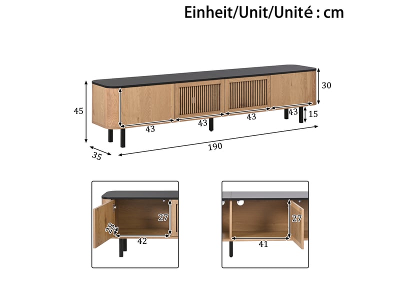  Meuble tv avec portes grillagées et compartiments de rangement, pieds en métal, pour salon, chêne, 190 × 35 × 45 cm  - Conforama E