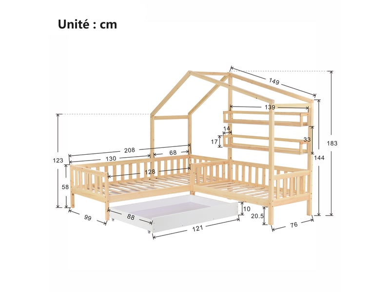  Lit enfants cabane 90x200 + 140x70 cm - lit combiné avec tiroirs et étagères - design l-forme sécurisé - couleur naturelle - sans matelas  - Conforama C
