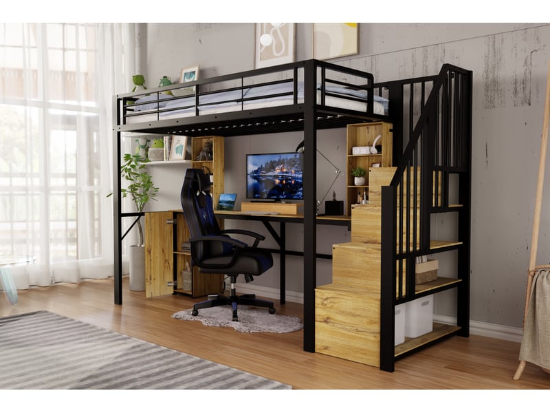  Lit mezzanine 90 × 200 cm, bureau, port usb, placard et escalier avec rangements, sommier, métal et mdf, noir et bois  - Conforama B