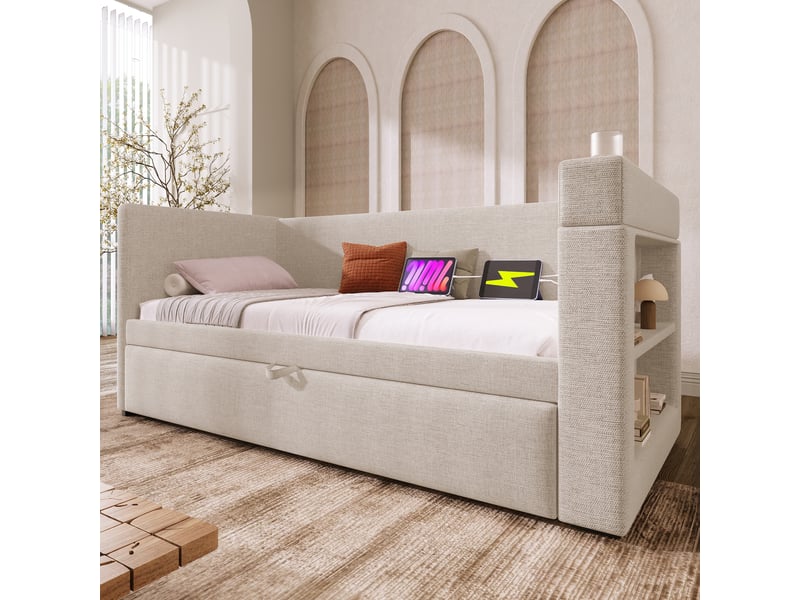  Lit gigogne enfant 90x190 cm, canapé-lit avec usb type-c, porte-gobelet, sommiers, coton lin beige, sans matelas  - Conforama B