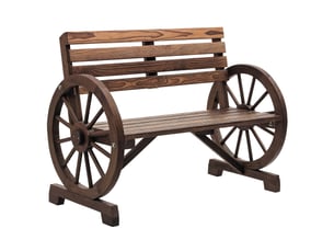 Banc de jardin 2 places en bois, avec structure à lattes et accoudoirs en forme de roue de chariot, 105,5 x 56 x 79 cm, brun brûlé