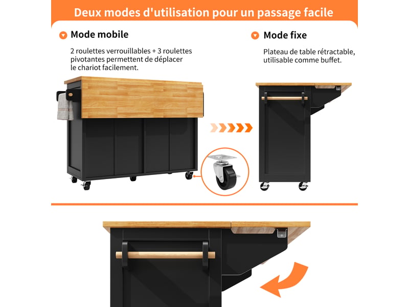  Îlot de cuisine mobile et buffet roulant extensible 140x45-73x93,5 cm, noir, tiroir, portes en verre, 5 roues dont 2 freins.  - Conforama E