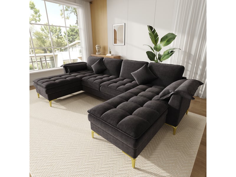  Canapé d'angle en u, canapé modulable 4 places noir en tissu chenille, design nuage avec 2 méridiennes et pieds en métal pour salon et chambre  - Conforama E