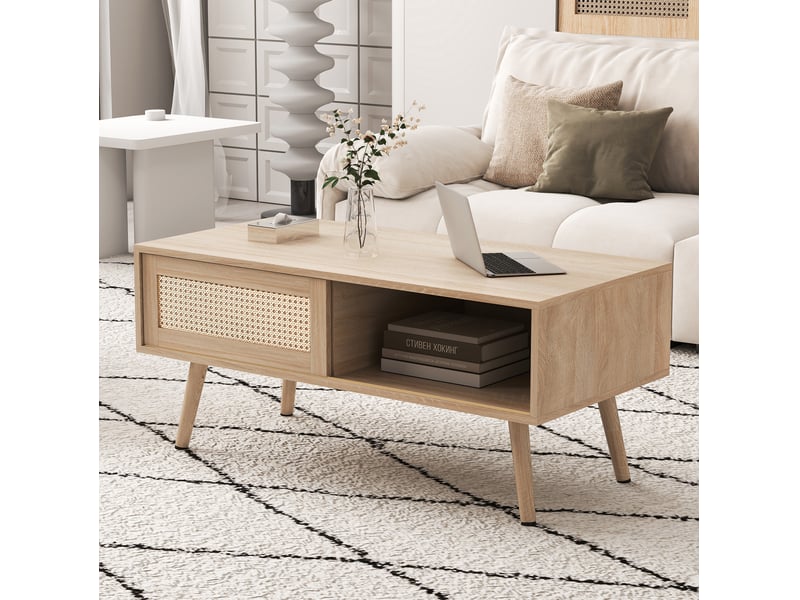  Table basse avec porte coulissante en rotin, mdf coloris naturel  - Conforama D