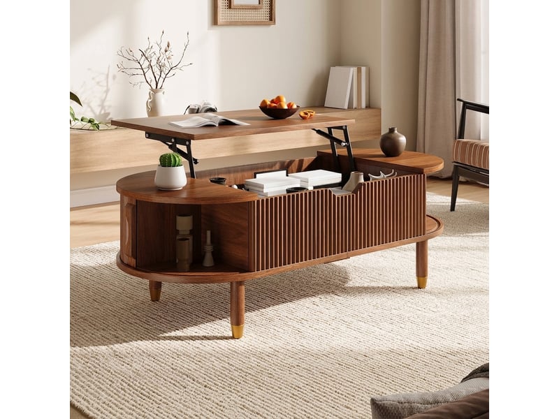  Table basse relevable ovale avec portes coulissantes et pieds en bois d'hévéa, 110x48x57cm, noyer  - Conforama E