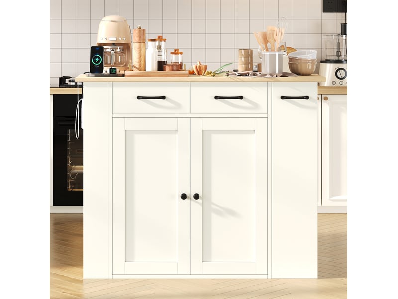  Îlot de cuisine avec 2 tabourets 120x45-75x96 cm, plateau rabattable, prises usb, pour cuisine, en aggloméré, blanc  - Conforama D