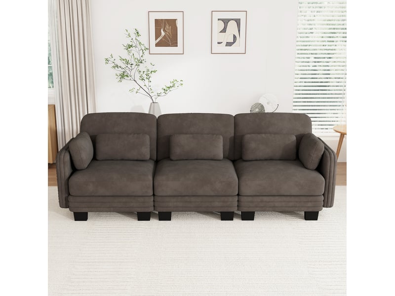  Canapé droit modulable 3 places 253x88x88 cm en chenille marron  - Conforama D