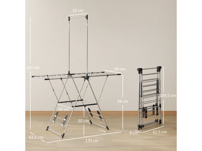 Séchoir à linge pliable, 5 ailettes réglables, 4 porte-chaussures, acier inoxydable, couleur argent - Conforama E