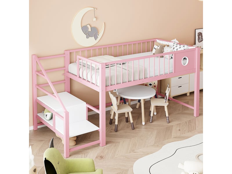 Lit mezzanine bas 90 x 200 cm, avec échelle de rangement, structure métallique robuste, pour enfants et adolescents, rose - Conforama B