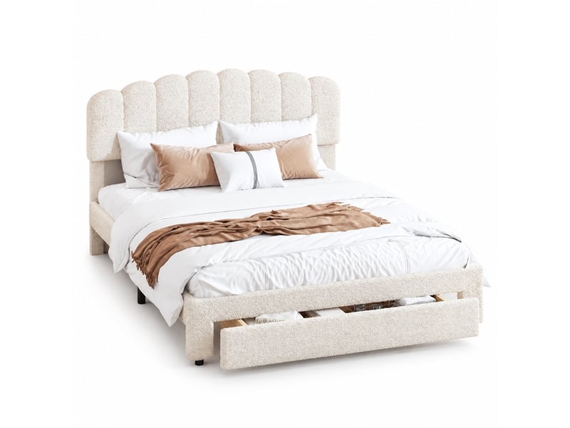  Lit double rembourré 140x200 cm avec tiroir, lit adulte avec rangement et ports usb, tête de lit coquillage réglable en hauteur, lit adulte avec sommier à lattes, beige  - Conforama A
