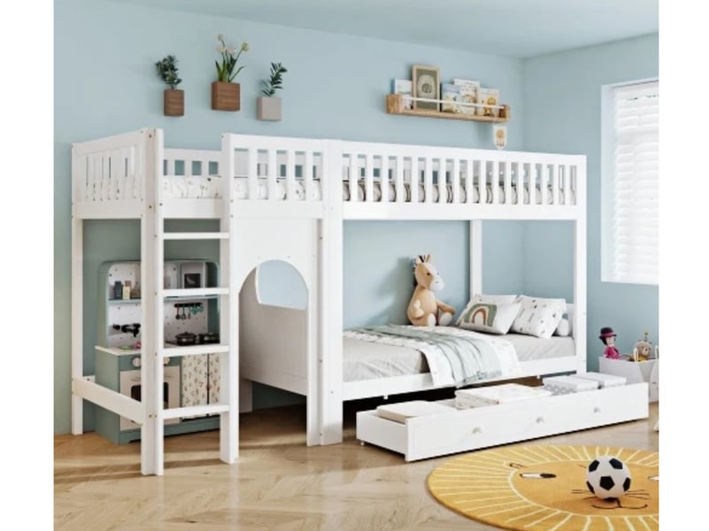  Lit superposé enfant 90×200, échelle 4 marches, garde-corps, pinmdf, blanc  - Conforama D