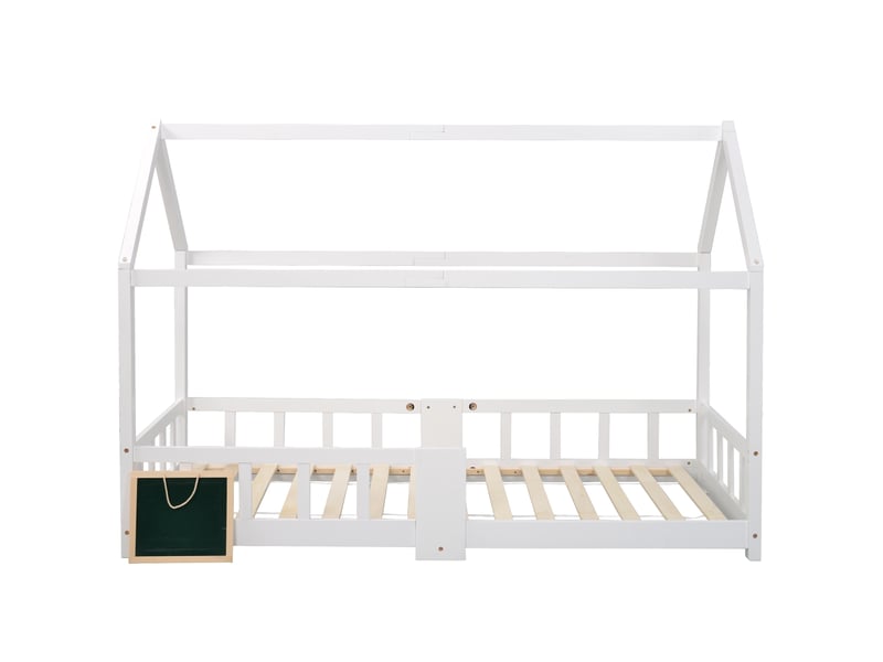  Lit cabane enfant en pin blanc, 90 × 200 cm, avec tableau, sommier à lattes et barrière de sécurité  - Conforama A