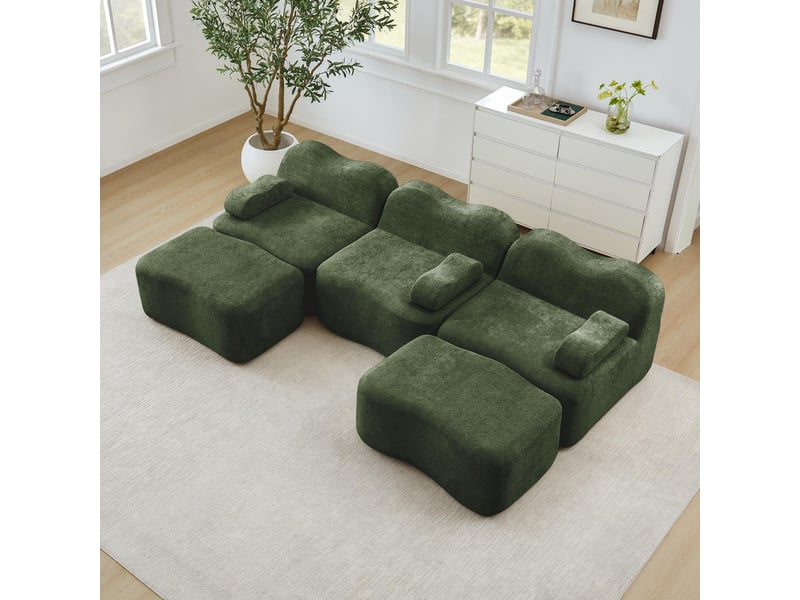  Canapé 3 places avec 2 poufs - 288x167x70 cm - canapé panoramique u velours mousse 32d sans structure rigide 900kg - vert  - Conforama C