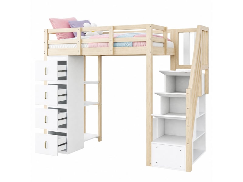  Lit mezzanine 90 x 200 cm avec 4 tiroirs, escalier de rangement et étagère  - Conforama A