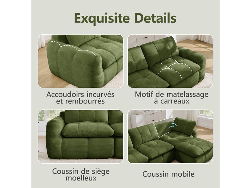  Canapé d'angle en u 4 places sans cadre, canapé modulaire, housse chenille verte, sans montage, 2 poufs pour salon et appartements  - Conforama D