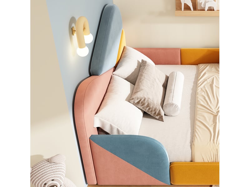  Lit enfant, 140x200 cm, côtés surélevés, motif patchwork multicolore, chambre, matelas non inclus, bois, coloris bleu  - Conforama E