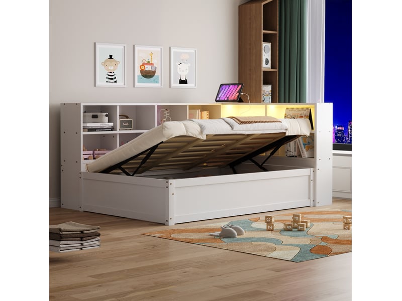  Lit simple 90x200 cm avec rangement et éclairage led en bois blanc  - Conforama D