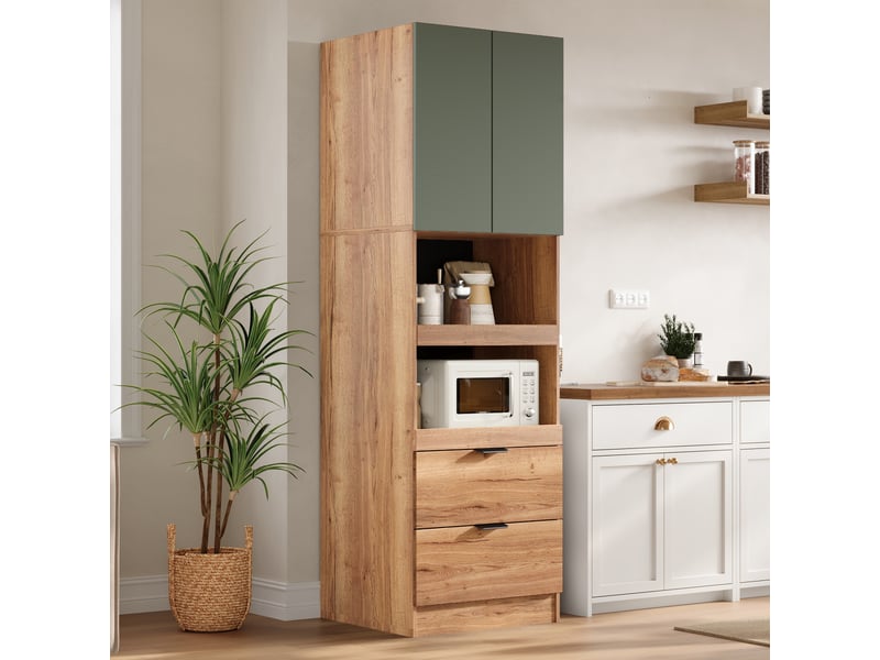  Armoire haute de cuisine 59,5x45x200 cm avec 2 tablettes coulissantes, 2 tiroirs, grand rangement micro-ondes, anti-basculement, mdf vert  - Conforama C